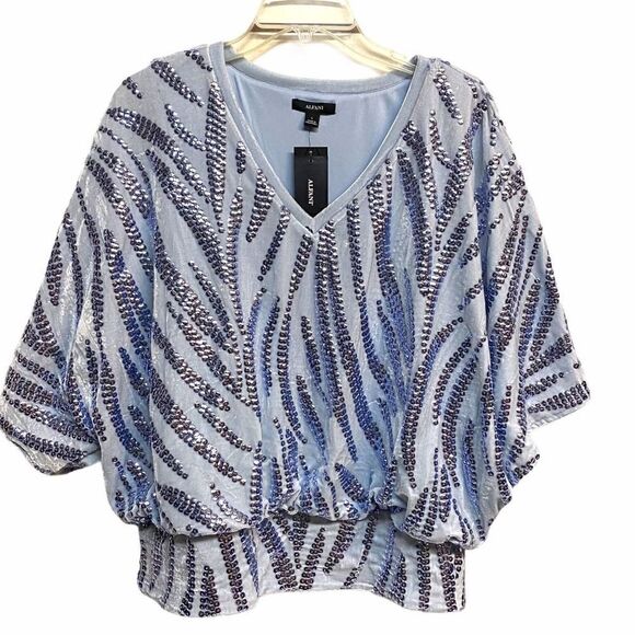 Alfani Sky Blue Velvet Sequins Batwing Top - Picture 1 of 6